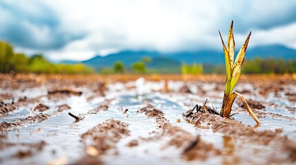 Poster - Weathering process idea. A resilient plant grows in wet soil, representing nature's perseverance and vitality.