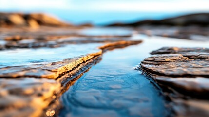 Aufkleber - Weathering process idea. Serene water stream flowing through rocky terrain under soft sunset light.