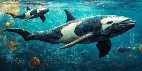 Futuristic orcas swim gracefully over a submerged city underwater