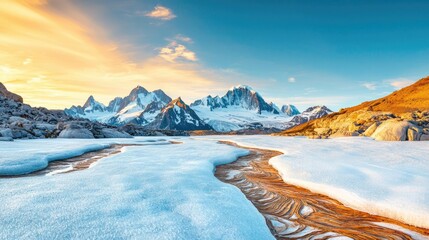 Poster - Weathering process idea. A breathtaking view of a snow-covered landscape with mountains and a flowing stream.