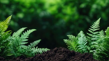 Poster - Weathering process concept. Lush green ferns grow from dark soil, showcasing vibrant nature in a tranquil environment.