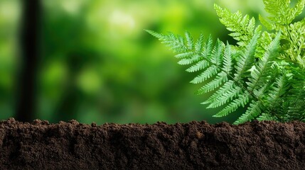 Poster - Weathering process concept. Vibrant green fern leaves against rich, dark soil in a serene, natural setting.