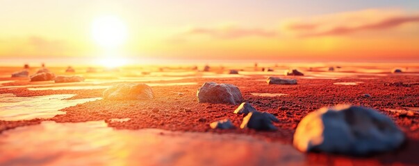Poster - Weathering process concept. Vibrant sunset reflecting on wet sand with rocks, creating a serene seascape atmosphere.