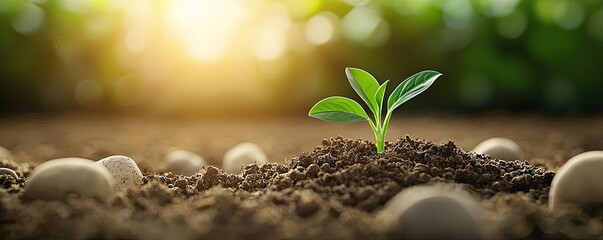 Poster - Weathering process concept. A young plant emerging from soil, symbolizing growth and new beginnings.