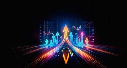 Aufkleber - Vibrant neon arrows in blue, orange, and pink surge upwards from a dark background with graph elements, symbolizing growth and upward trends.