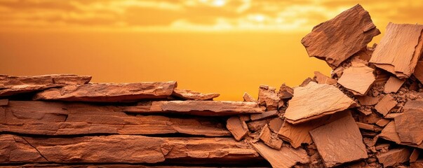 Poster - Weathering process concept. Stunning view of layered rocks against a golden sunset sky.