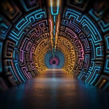 Abstract Glowing Neon Tunnel with Intricate Geometric Patterns