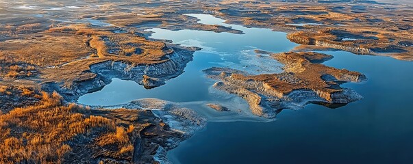 Poster - Weathering process idea. Aerial view of tranquil waters surrounded by golden landscapes and nature's beauty.