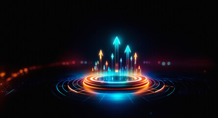 Poster - A vibrant display of glowing arrows ascends from a circular stage with concentric rings, illuminated in blue and orange hues against a dark backdrop.