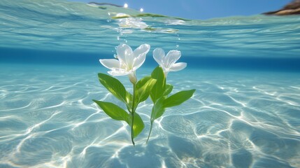 Wall Mural - Blooming plants beneath the ocean surface, clear water illuminated by the light of the sun