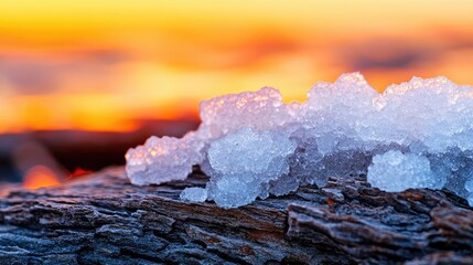 Poster - Weathering process concept. Close-up of ice crystals on a log against a vibrant sunset background.