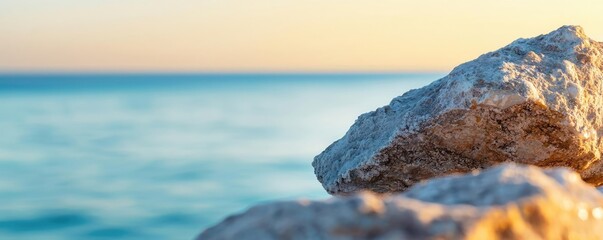 Aufkleber - Weathering process concept. Serene beach view with rocks and gentle waves under a soft sunset glow.