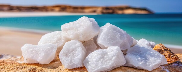 Aufkleber - Weathering process concept. Beautiful beach scene with white salt crystals by the turquoise ocean.