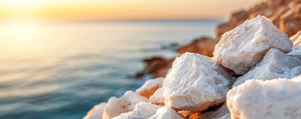 Aufkleber - Weathering process concept. Smooth stones on a tranquil beach during sunset, creating a serene atmosphere.