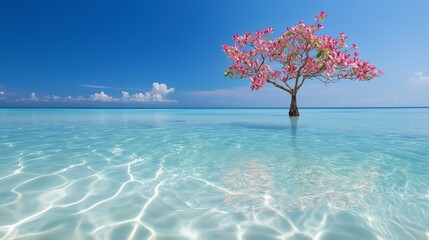 Wall Mural - Flowering tree under the surface of the ocean, clear water illuminated by the light of the sun