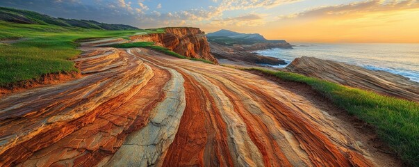 Poster - Weathering process concept. Breathtaking coastal landscape showcasing colorful rock formations at sunset.