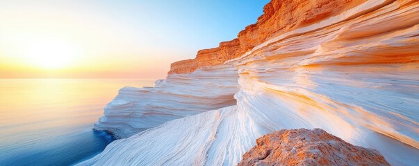 Poster - Weathering process idea. Stunning seaside cliffs at sunset, showcasing vibrant colors and unique rock formations.