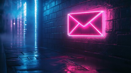 Poster - Neon envelope sign on a dimly lit brick wall in a futuristic alley at night. Digital communication and technology concept