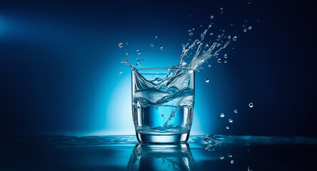 Aufkleber - A glass of clear liquid vigorously splashes outward, suspended in mid-air against a gradient blue background. The dynamic movement of the liquid is captured in detail, highlighting its form and drople