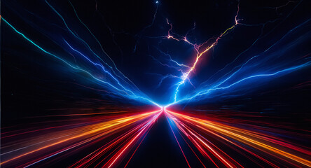 Poster - Streaks of vibrant red, orange, and blue light converge towards a central point on a dark backdrop, with flashes like lightning above.