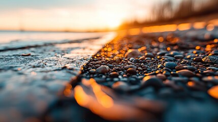 Poster - Weathering process idea. Scenic view of pebbles and sunset reflecting on the water's surface.