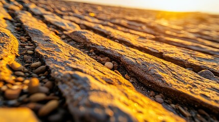 Aufkleber - Weathering process idea. Golden sunlight glistens on textured rocks, revealing nature's beautiful patterns.