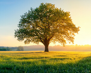 Poster - A large tree stands alone in a lush green field with the golden sunlight shining through the branches, symbolizing peace, nature's beauty, and the tranquility of the morning.