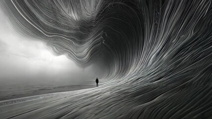 Poster - A lone figure stands at the edge of a surreal landscape where magnetic fields distort reality into mesmerizing waves, creating an intriguing interplay of light and shadow on the coast