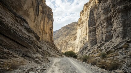 Poster - Weathering process concept. A breathtaking view of a narrow canyon with rugged rock formations and a dirt path.
