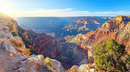 Poster - Weathering process concept. Breathtaking view of a canyon at sunrise showcasing vibrant colors and dramatic cliffs.
