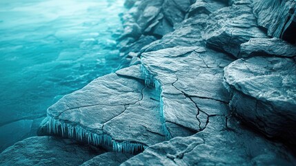 Aufkleber - Weathering process concept. A serene icy shoreline with textured rocks meeting crystal clear water.