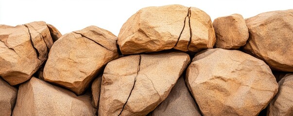 Poster - Weathering process concept. A row of smooth, brown boulders stacked against a white background.