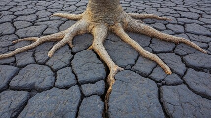 Aufkleber - Weathering process idea. A close-up of a tree root on cracked soil, showcasing the impact of drought and climate change.