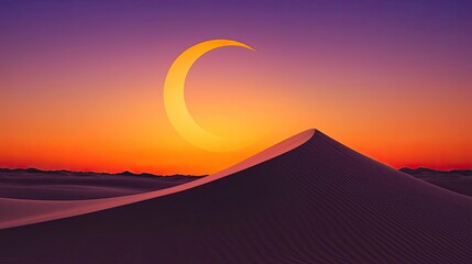 Poster - Weathering process idea. A vibrant sunset over a sand dune with a crescent moon in a serene desert landscape.