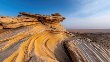 Poster - Weathering process concept. Stunning layered rock formations under a clear sky at sunset in a remote desert.