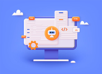 Robot interacting with a digital data interface on a blue background perfect for technology and AI-themed designs and presentations. 3D Web Vector Illustrations.