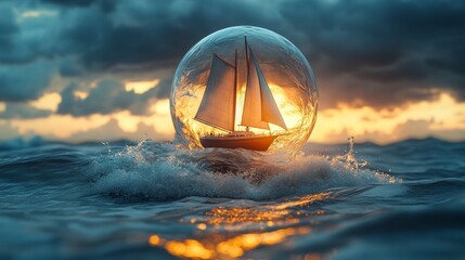 Poster - Sailboat encased in glass sphere on ocean waves at sunset, glowing light. Surreal nautical fantasy and dreamlike seascape concept