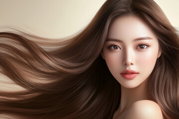 Aufkleber - かわいいアジア人女性モデル。美しい髪が靡き、美しい肌が輝くヘアケアや美容のイメージ画像。	