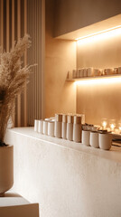 Poster - Minimalist interior with decorative dried plant and ceramic cups on a sleek, modern counter, emphasizing a calm and inviting atmosphere with soft lighting and neutral tones