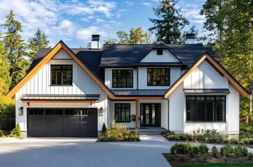 Wall Mural - A modern farmhouse-style home in British Columbia, Canada, with white walls and a black roof, featuring large windows for natural light and a detailed front entrance with a garage door.