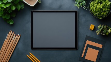 Poster - Flat lay of a desk with drawing pens, design software on a tablet, and digital mockups, with ample space for copy.