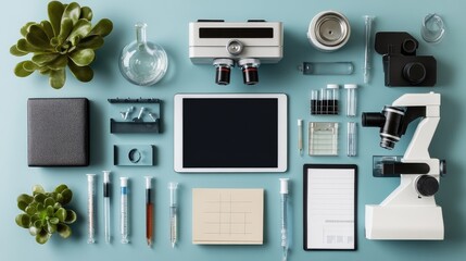 Poster - Flat lay of a desk with scientific journals, research equipment, and a tablet, leaving room for copy.