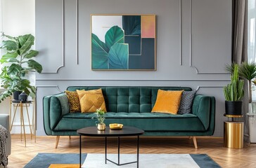 Modern interior of the living room in an apartment with a green sofa, gold coffee table, and an abstract painting on the wall, gray walls, a wooden floor