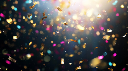 Poster - Confetti falling in the air with colorful bokeh lights in the background, representing celebration, joy, and festivity, ideal for holidays, New Year's, and party events.