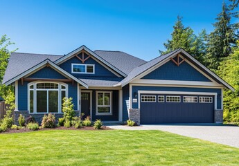 Wall Mural - the front view, a wide-angle shot of a blue and gray craftsman-style home with large windows on both sides of the garage door, set in a lush, green lawn