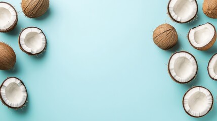 Poster - Flat lay of cut coconut halves on a pastel blue background with clear space for copy around the fruits.