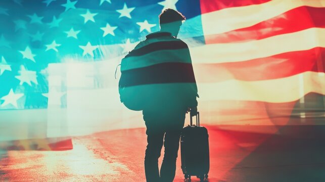 Computer graphics and double exposure. A tourist with a backpack and a suitcase against the background of a translucent waving flag of USA. Refugee. Businessman without borders