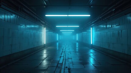 Poster - Mystical urban tunnel illuminated by rectangular blue lights, revealing a foggy atmosphere and reflective surfaces on wet pavement