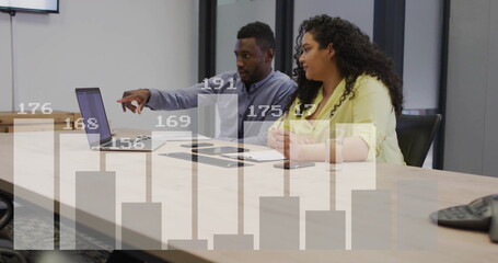 Poster - Image of financial data processing over diverse colleagues discussing work in office