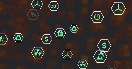 Poster - Image of eco icons and data processing on dark background